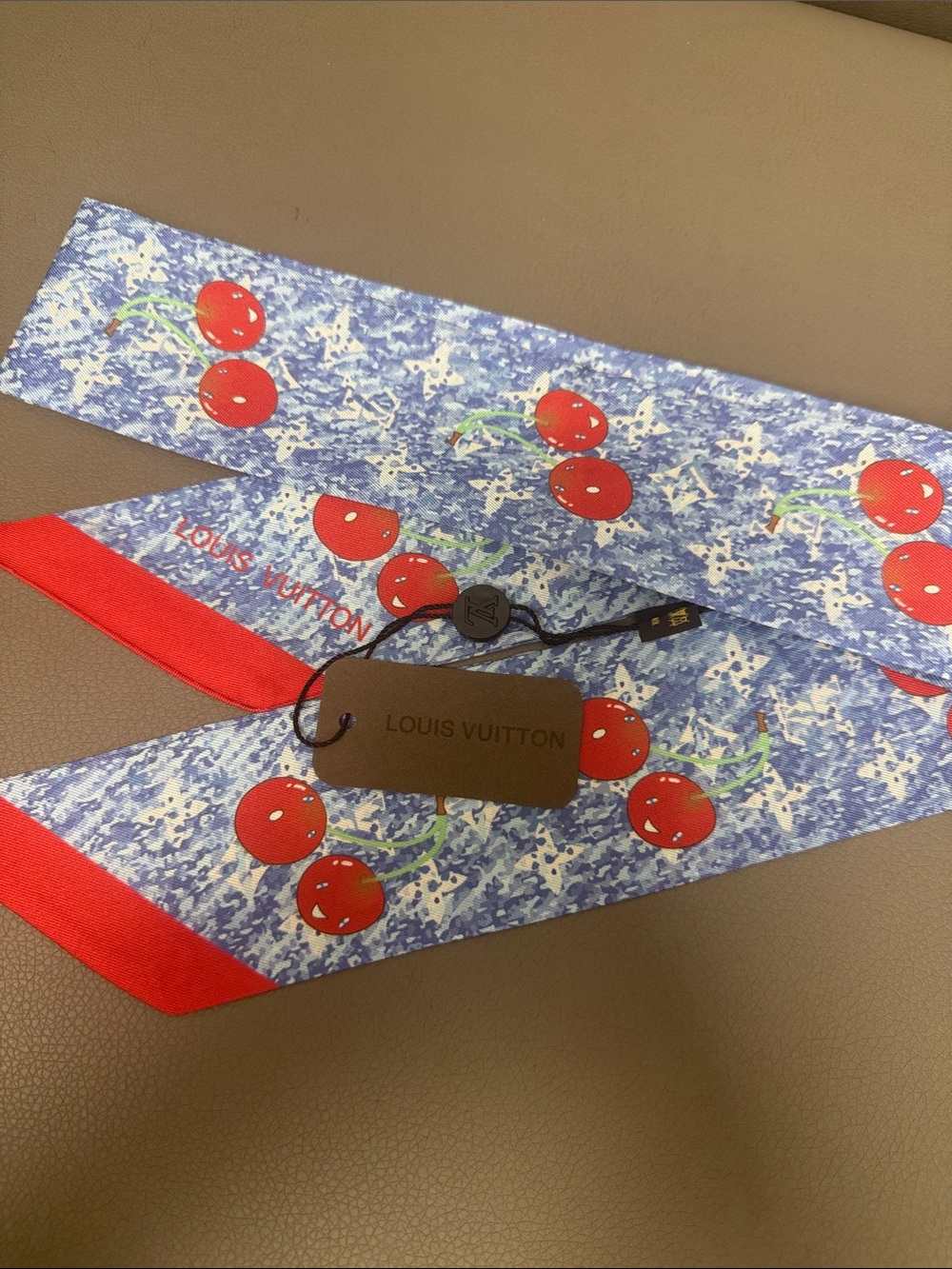 Monogram Blue Cherry Purse Scarf with Red Trim